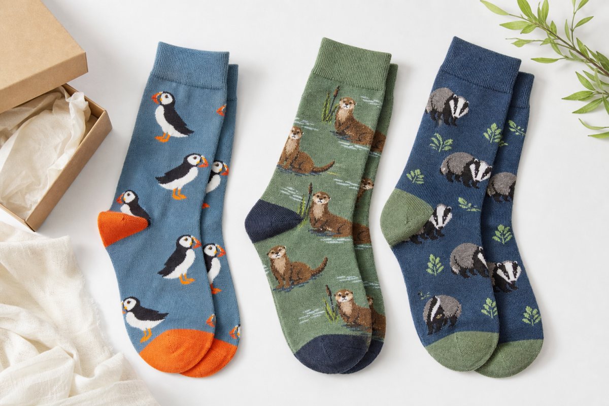 Three pairs of Bare Kind bamboo crew socks with animal prints, flat lay on white